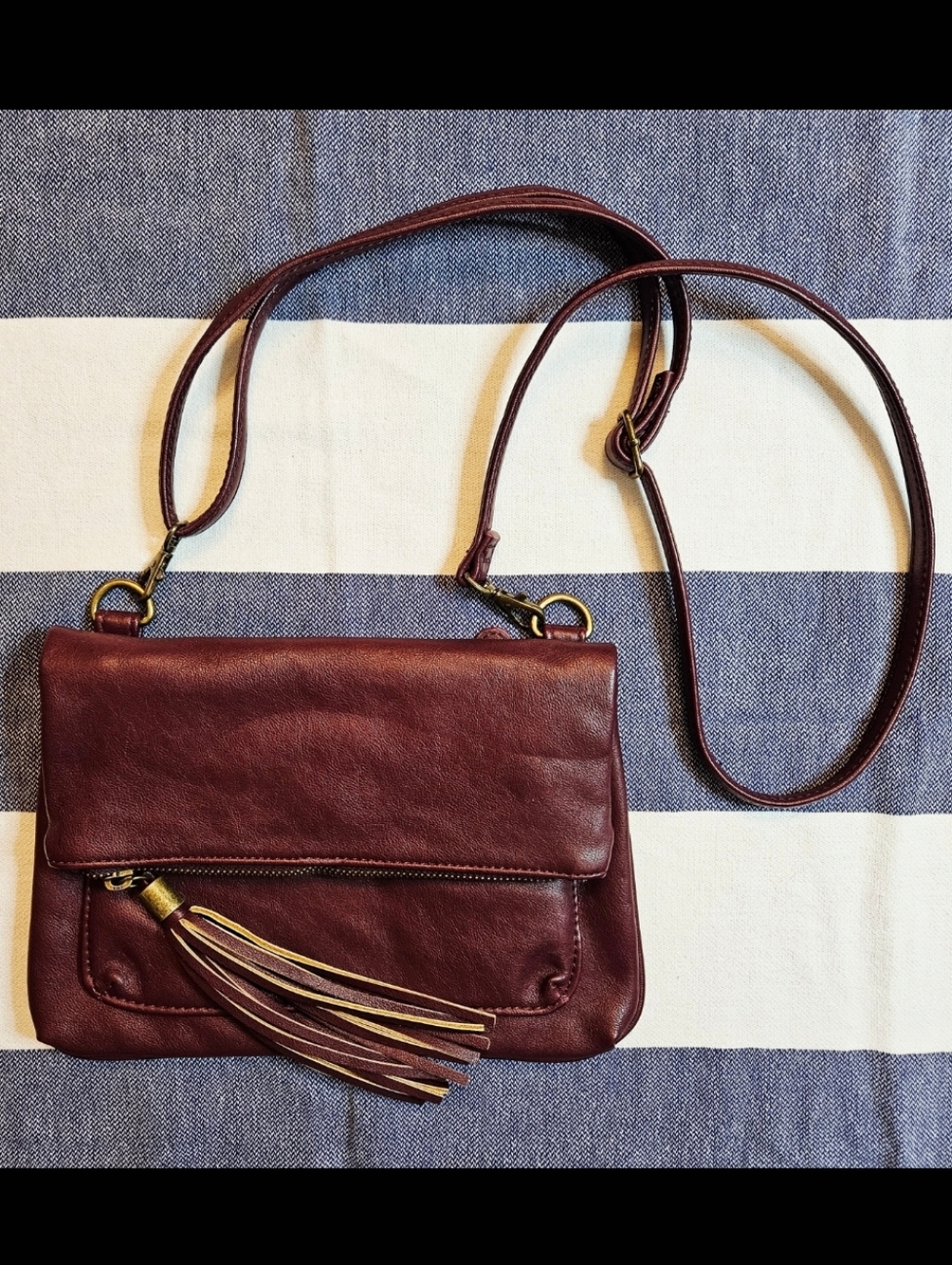 Joy Susan Burgundy Faux Leather Crossbody Bag With Tassel Zipper